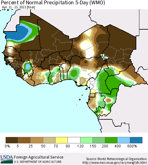 Western Africa Percent of Normal Precipitation 5-Day (WMO) Thematic Map For 4/11/2023 - 4/15/2023
