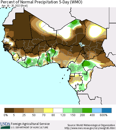 Western Africa Percent of Normal Precipitation 5-Day (WMO) Thematic Map For 4/16/2023 - 4/20/2023