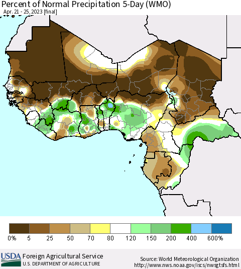 Western Africa Percent of Normal Precipitation 5-Day (WMO) Thematic Map For 4/21/2023 - 4/25/2023