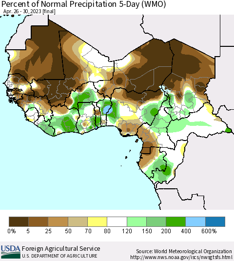 Western Africa Percent of Normal Precipitation 5-Day (WMO) Thematic Map For 4/26/2023 - 4/30/2023