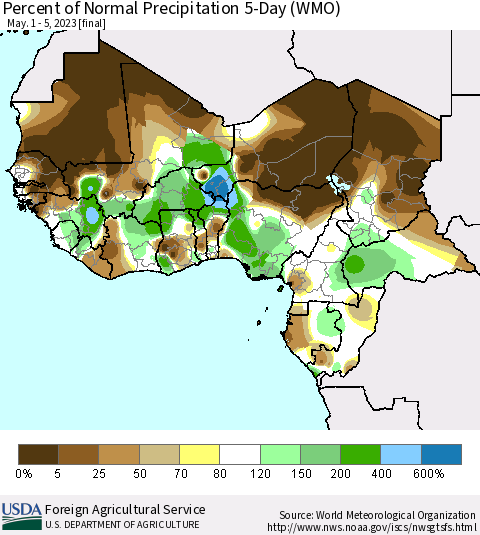 Western Africa Percent of Normal Precipitation 5-Day (WMO) Thematic Map For 5/1/2023 - 5/5/2023
