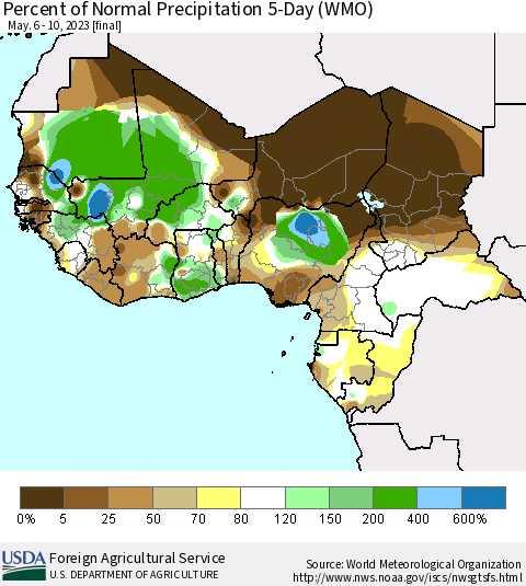 Western Africa Percent of Normal Precipitation 5-Day (WMO) Thematic Map For 5/6/2023 - 5/10/2023