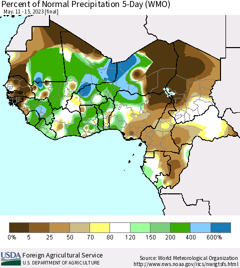 Western Africa Percent of Normal Precipitation 5-Day (WMO) Thematic Map For 5/11/2023 - 5/15/2023