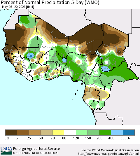 Western Africa Percent of Normal Precipitation 5-Day (WMO) Thematic Map For 5/16/2023 - 5/20/2023