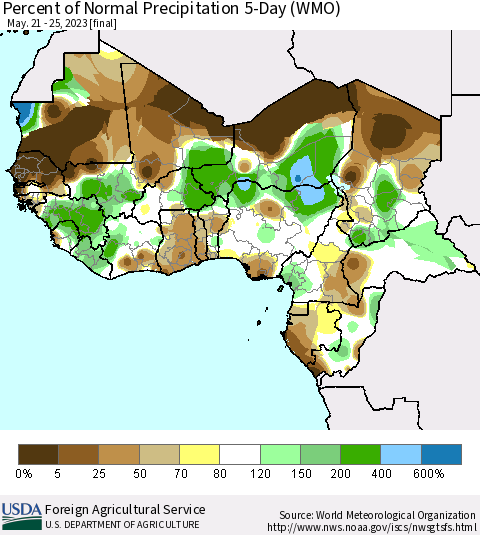 Western Africa Percent of Normal Precipitation 5-Day (WMO) Thematic Map For 5/21/2023 - 5/25/2023