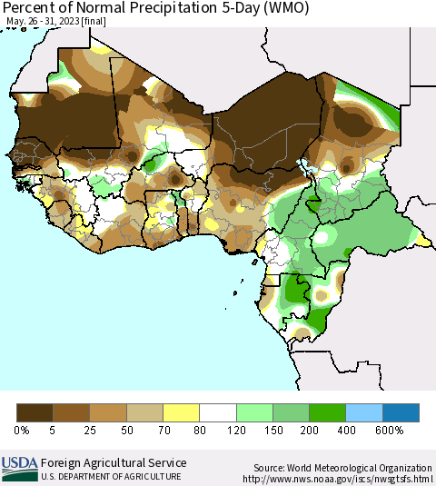 Western Africa Percent of Normal Precipitation 5-Day (WMO) Thematic Map For 5/26/2023 - 5/31/2023