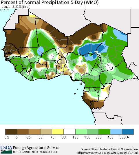 Western Africa Percent of Normal Precipitation 5-Day (WMO) Thematic Map For 6/1/2023 - 6/5/2023