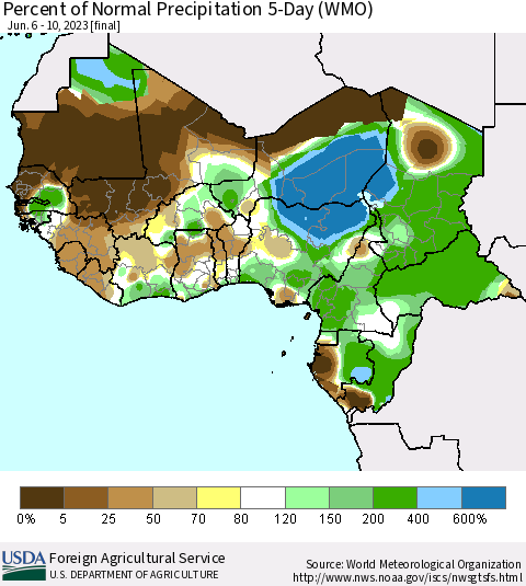 Western Africa Percent of Normal Precipitation 5-Day (WMO) Thematic Map For 6/6/2023 - 6/10/2023