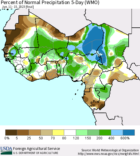 Western Africa Percent of Normal Precipitation 5-Day (WMO) Thematic Map For 6/11/2023 - 6/15/2023