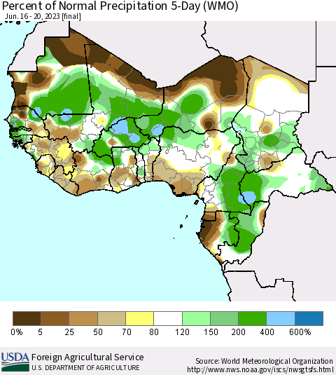 Western Africa Percent of Normal Precipitation 5-Day (WMO) Thematic Map For 6/16/2023 - 6/20/2023