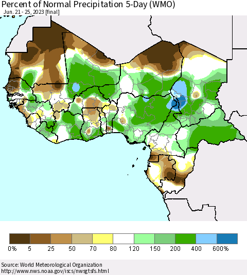 Western Africa Percent of Normal Precipitation 5-Day (WMO) Thematic Map For 6/21/2023 - 6/25/2023