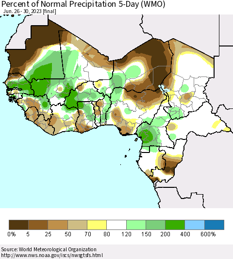 Western Africa Percent of Normal Precipitation 5-Day (WMO) Thematic Map For 6/26/2023 - 6/30/2023