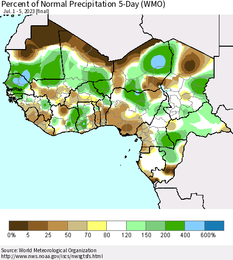 Western Africa Percent of Normal Precipitation 5-Day (WMO) Thematic Map For 7/1/2023 - 7/5/2023