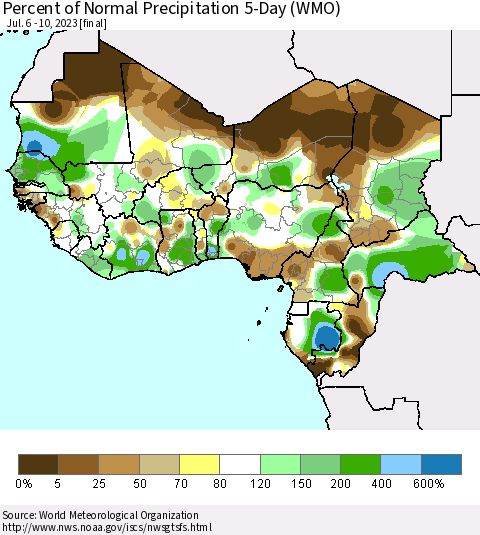 Western Africa Percent of Normal Precipitation 5-Day (WMO) Thematic Map For 7/6/2023 - 7/10/2023