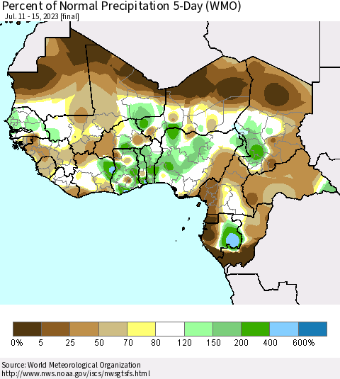 Western Africa Percent of Normal Precipitation 5-Day (WMO) Thematic Map For 7/11/2023 - 7/15/2023