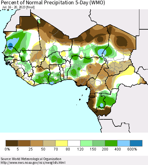 Western Africa Percent of Normal Precipitation 5-Day (WMO) Thematic Map For 7/16/2023 - 7/20/2023