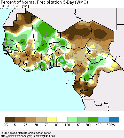 Western Africa Percent of Normal Precipitation 5-Day (WMO) Thematic Map For 7/21/2023 - 7/25/2023
