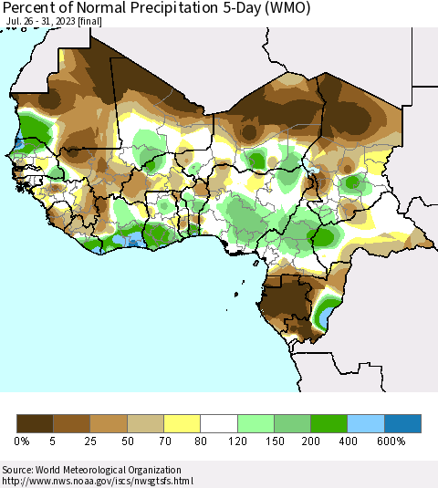 Western Africa Percent of Normal Precipitation 5-Day (WMO) Thematic Map For 7/26/2023 - 7/31/2023