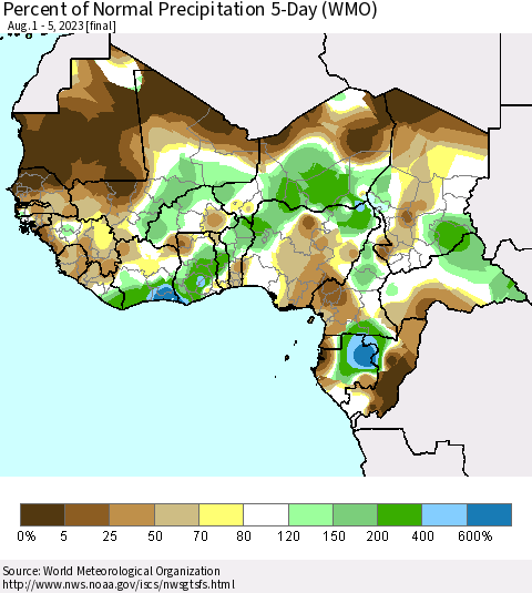 Western Africa Percent of Normal Precipitation 5-Day (WMO) Thematic Map For 8/1/2023 - 8/5/2023
