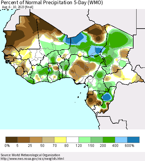 Western Africa Percent of Normal Precipitation 5-Day (WMO) Thematic Map For 8/6/2023 - 8/10/2023