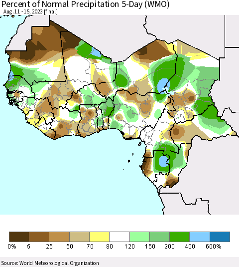 Western Africa Percent of Normal Precipitation 5-Day (WMO) Thematic Map For 8/11/2023 - 8/15/2023
