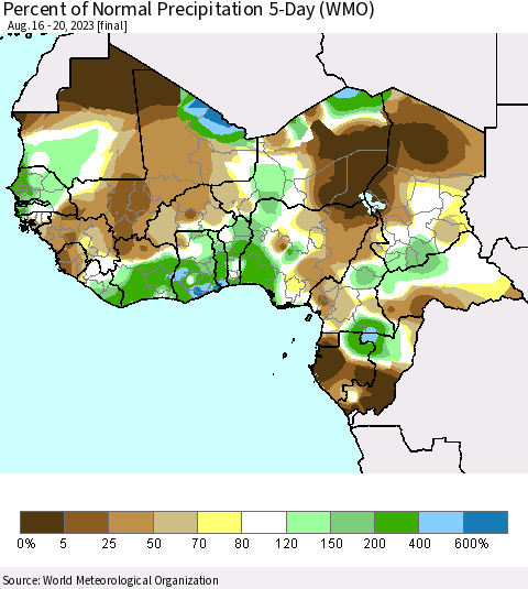Western Africa Percent of Normal Precipitation 5-Day (WMO) Thematic Map For 8/16/2023 - 8/20/2023