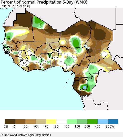 Western Africa Percent of Normal Precipitation 5-Day (WMO) Thematic Map For 8/21/2023 - 8/25/2023