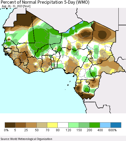 Western Africa Percent of Normal Precipitation 5-Day (WMO) Thematic Map For 8/26/2023 - 8/31/2023