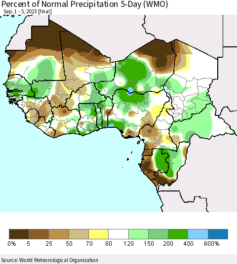 Western Africa Percent of Normal Precipitation 5-Day (WMO) Thematic Map For 9/1/2023 - 9/5/2023