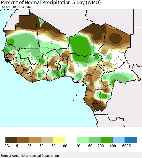 Western Africa Percent of Normal Precipitation 5-Day (WMO) Thematic Map For 9/6/2023 - 9/10/2023