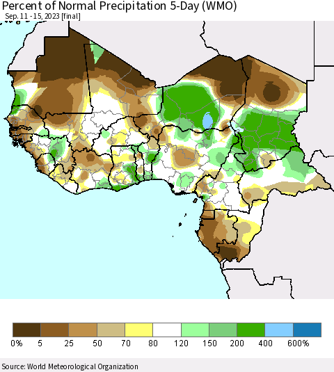 Western Africa Percent of Normal Precipitation 5-Day (WMO) Thematic Map For 9/11/2023 - 9/15/2023