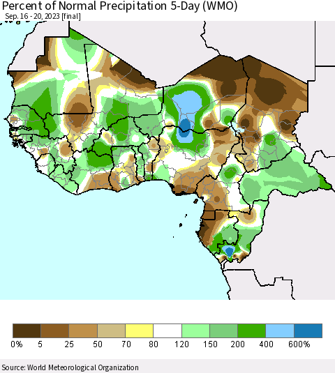 Western Africa Percent of Normal Precipitation 5-Day (WMO) Thematic Map For 9/16/2023 - 9/20/2023