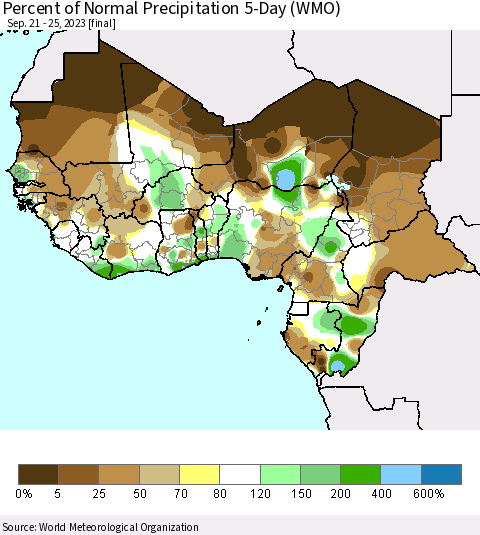 Western Africa Percent of Normal Precipitation 5-Day (WMO) Thematic Map For 9/21/2023 - 9/25/2023