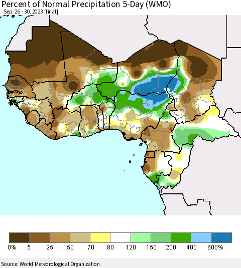 Western Africa Percent of Normal Precipitation 5-Day (WMO) Thematic Map For 9/26/2023 - 9/30/2023