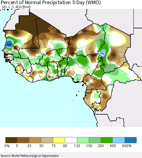 Western Africa Percent of Normal Precipitation 5-Day (WMO) Thematic Map For 10/1/2023 - 10/5/2023