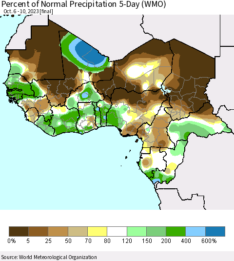 Western Africa Percent of Normal Precipitation 5-Day (WMO) Thematic Map For 10/6/2023 - 10/10/2023