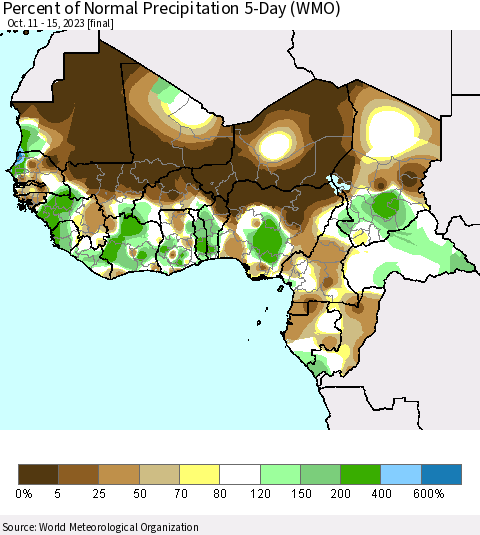 Western Africa Percent of Normal Precipitation 5-Day (WMO) Thematic Map For 10/11/2023 - 10/15/2023