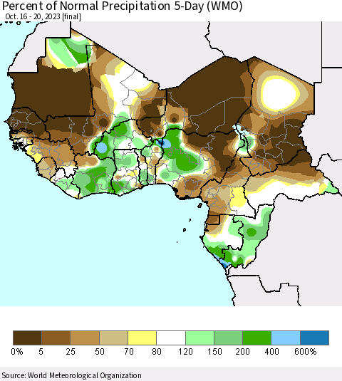 Western Africa Percent of Normal Precipitation 5-Day (WMO) Thematic Map For 10/16/2023 - 10/20/2023