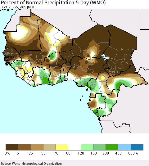 Western Africa Percent of Normal Precipitation 5-Day (WMO) Thematic Map For 10/21/2023 - 10/25/2023