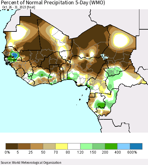 Western Africa Percent of Normal Precipitation 5-Day (WMO) Thematic Map For 10/26/2023 - 10/31/2023