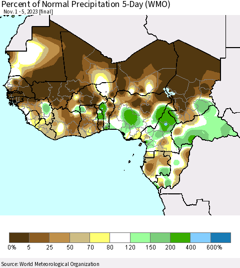 Western Africa Percent of Normal Precipitation 5-Day (WMO) Thematic Map For 11/1/2023 - 11/5/2023