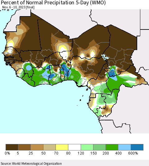 Western Africa Percent of Normal Precipitation 5-Day (WMO) Thematic Map For 11/6/2023 - 11/10/2023