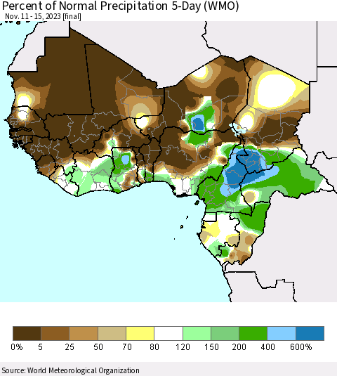 Western Africa Percent of Normal Precipitation 5-Day (WMO) Thematic Map For 11/11/2023 - 11/15/2023