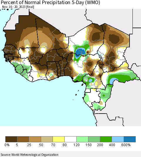 Western Africa Percent of Normal Precipitation 5-Day (WMO) Thematic Map For 11/16/2023 - 11/20/2023