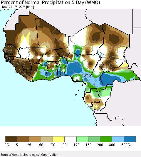 Western Africa Percent of Normal Precipitation 5-Day (WMO) Thematic Map For 11/21/2023 - 11/25/2023