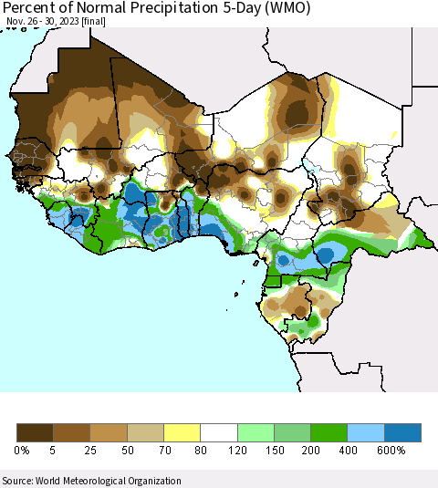 Western Africa Percent of Normal Precipitation 5-Day (WMO) Thematic Map For 11/26/2023 - 11/30/2023