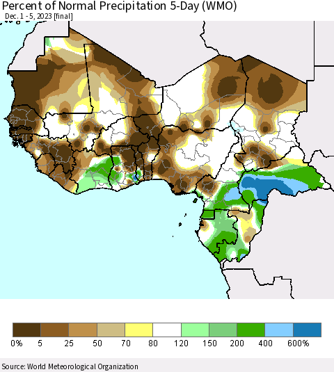 Western Africa Percent of Normal Precipitation 5-Day (WMO) Thematic Map For 12/1/2023 - 12/5/2023
