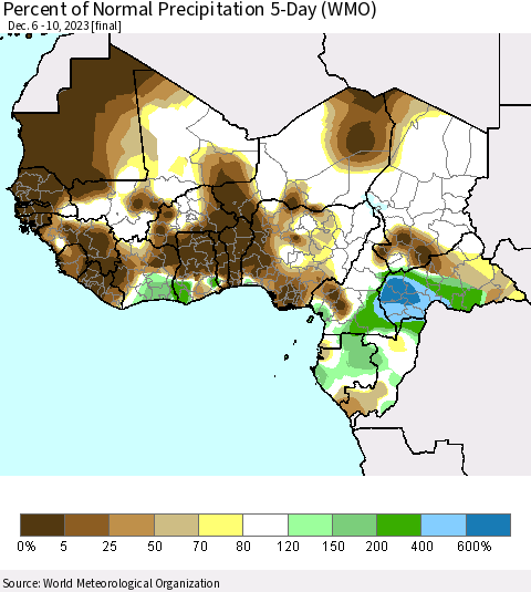 Western Africa Percent of Normal Precipitation 5-Day (WMO) Thematic Map For 12/6/2023 - 12/10/2023
