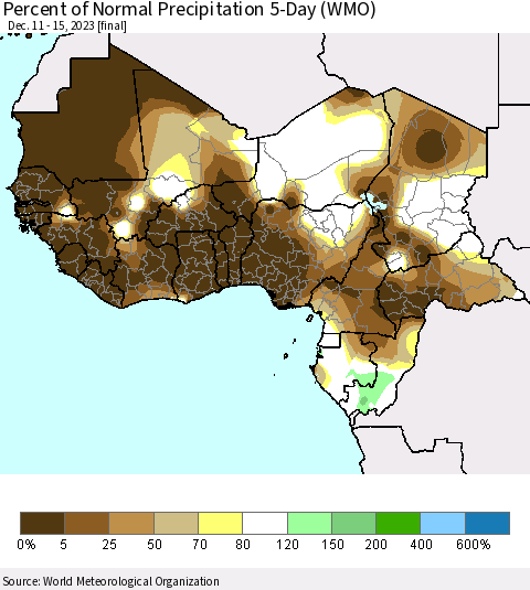 Western Africa Percent of Normal Precipitation 5-Day (WMO) Thematic Map For 12/11/2023 - 12/15/2023