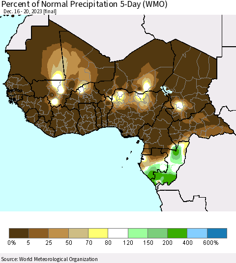 Western Africa Percent of Normal Precipitation 5-Day (WMO) Thematic Map For 12/16/2023 - 12/20/2023